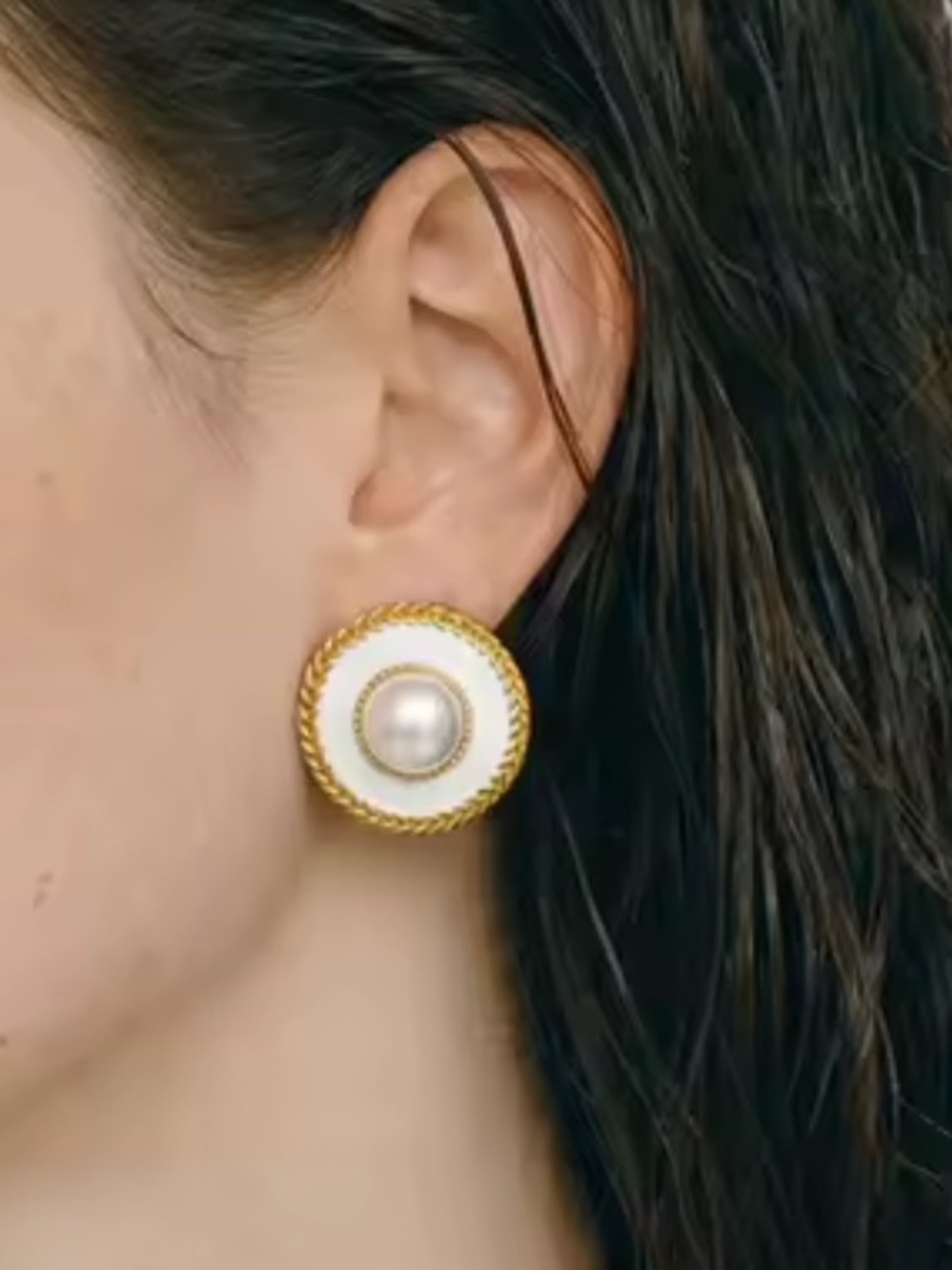 White Pearl Button Gold Earrings
